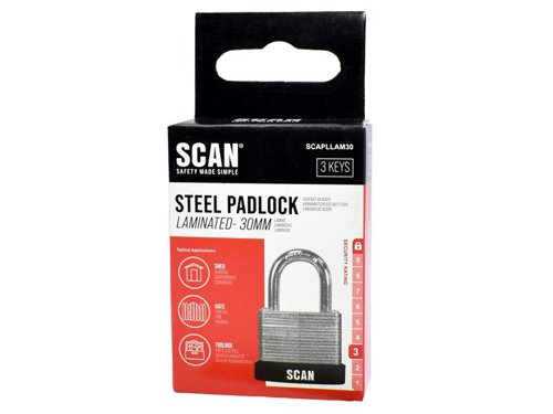 Scan Laminated Steel Padlocks are manufactured using individually galvanised plates with a case hardened steel shackle. They are designed for use where a higher level of security is required. Each lock features a high strength, brass cylinder mechanism that is accurately machined, durable and rust resistant and has a stainless steel shackle spring. The padlocks are fitted with an all round safety bumper to protect surrounding paintwork.Each padlock is supplied with 3 keys.This Scan Laminated Steel Padlock has the following specification:Padlock Width: 30mm.Shackle Height: 17.5mm.Shackle Diameter: 5.0mm.Shackle Width: 14.5mm.Security Rating: 3.