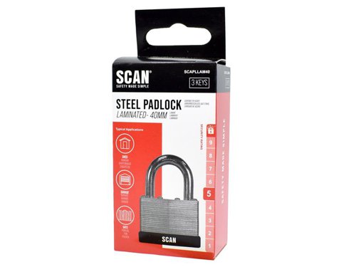 Scan Laminated Steel Padlocks are manufactured using individually galvanised plates with a case hardened steel shackle. They are designed for use where a higher level of security is required. Each lock features a high strength, brass cylinder mechanism that is accurately machined, durable and rust resistant and has a stainless steel shackle spring. The padlocks are fitted with an all round safety bumper to protect surrounding paintwork.Each padlock is supplied with 3 keys.This Scan Laminated Steel Padlock has the following specification:Padlock Width: 40mm.Shackle Height: 23.8mm.Shackle Diameter: 6.0mm.Shackle Width: 20.5mm.Security Rating: 5.