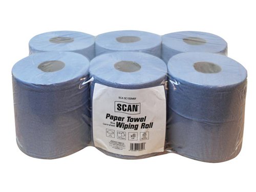 The Scan Paper Towel Wiping Roll is made from 100% recycled strong and absorbent, 2-ply paper. It is ideal for all essential cleaning and wiping tasks. The paper roll benefits from quick-tear perforations and has a removable core for centre feed.Manufactured according to CHSA Soft Tissue Standard.Specification:Roll Length: 150mSheet Width: 176mmSheets Per Roll: 405Core Size: 60mmSupplied as a pack of 6.