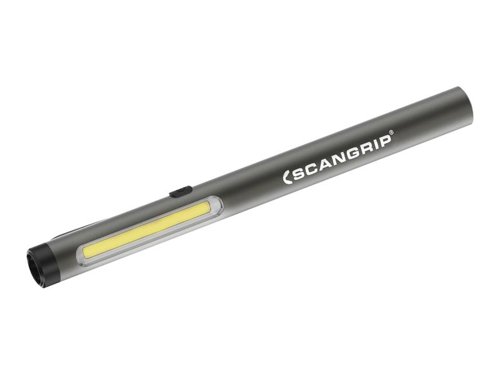 SCANGRIP® Rechargeable LED Work Pen Light with dimmer function and built-in magnets for extremely powerful illumination, both from the lamp head (up to 200 lumen) and precision top light (150 lumen).A side switch ensures easy single-handed on/off operation. It also features a stepless dimmer function ranging from 10% to 100% enabling you to easily adjust the light output and only use the light necessary for the specific job.Manufactured from a durable aluminium construction with a comfortable grip, the design is slim and compact allowing access in the most inaccessible places. It is supplied with built-in magnets for suspension or storage, both in the clip and at the bottom of the penlight. This gives you increased flexibility as you can easily position the light for hands free operation.The LED pencil light is easily rechargeable via the supplied USB cable, the charging indicator at the front shows charging status. Complete with pocket clip.Suitable for all kinds of work tasks at the auto workshop, construction site or other demanding working environments. Specifications:Luminous Flux, Max./Min.: 200/20 Lumen.Illuminance, Max. (Lux@0,5m): 400.Beam Angle Main: 105°.Length: 172mm.Power Source: Rechargeable Battery.Net Weight: 0.05kg.