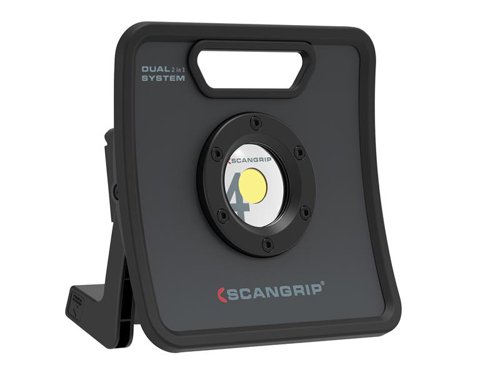 The SCANGRIP® NOVA C+R DUAL SYSTEM COB LED Work Light can be powered by its built-in, rechargeable Li-ion battery or by plugging into the mains (240V). A user friendly display shows both battery capacity and remaining operating time.It features the latest COB LED technology and a five-step dimming function enabling the light output to be adjusted within a 10% to 100% range.The sturdy die-casted aluminium construction is perfect for use in demanding rough working environments. Integrated carrying handle with a flexible stand can be used as a hanger enabling the work light to be positioned to the desired angle. It also enables mounting on to the SCANGRIP® Tripod or Scaffolding Bracket (both SOLD SEPARATELY) for extra versatility.The CRI value is close to daylight and the SCANGRIP® Diffuser (SOLD SEPARATELY) can be used to soften the light and avoid hard shadows.Specification:Mains Cable Length: 5mThe SCANGRIP® NOVA 4K C+R DUAL SYSTEM COB LED Work Light can be powered by its built-in, rechargeable Li-ion battery or by plugging into the mains (240V). A user friendly display shows both battery capacity and remaining operating time.It features the latest COB LED technology and a five-step dimming function enabling the light output to be adjusted within a 10% to 100% range.The sturdy die-casted aluminium construction is perfect for use in demanding rough working environments. Integrated carrying handle with a flexible stand can be used as a hanger enabling the work light to be positioned to the desired angle. It also enables mounting on to the SCANGRIP® Tripod or Scaffolding Bracket (both SOLD SEPARATELY) for extra versatility.The CRI value is close to daylight and the SCANGRIP® Diffuser (SOLD SEPARATELY) can be used to soften the light and avoid hard shadows.Mains cable length is 5m.Spicifications:Luminous Flux, Max./Min.: 4,000/400 Lumens.Illuminance, Max.Min. (@0,5m): 5,000/500 Lux.Illuminance Distance: 0.50m.Beam Angle: 110°.Dimensions: 235 x 88 x 233mm.Weight: 1.78kg.