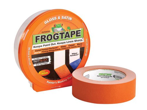 FrogTape® Gloss & Satin is a medium adhesion painter's tape for use when painting skirting boards, architraves, frames and doors. Perfect on cured painted surfaces, glass, carpet and stone. Designed for use with gloss and satin paints. For best results remove FrogTape® immediately after painting.FrogTape® is the only painter’s masking tape treated with PaintBlock® Technology. It reacts best with the moisture in water based paints and instantly gels to form a micro-barrier that seals the tape edges, preventing paint bleed.Keeps paint out, Keeps lines Sharp ™Size: 36mm x 41.1m.Supplied in a box.