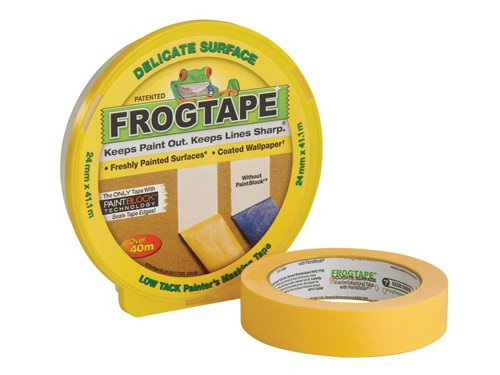 FrogTape® Delicate Surface is a low tack painter's masking tape for use on freshly painted surfaces, most coated wallpaper and newly plastered walls. Designed for use with Emulsion Paint. For best results remove FrogTape ® immediately after painting. FrogTape® Delicate Surface is UV resistant and can be applied in direct sunlight. It is ideal for creating stripes and paint effects.FrogTape® is the only painter’s masking tape treated with PaintBlock® Technology. PaintBlock® reacts with emulsion paint to form a micro-barrier that seals the tape edges. The result is the sharpest lines possible, making touch-ups a thing of the past.Keeps paint out, Keeps lines Sharp ™This FrogTape® Delicate Masking Tape has the following specification:Width: 24mmLength: 41.1mSupplied in a box.
