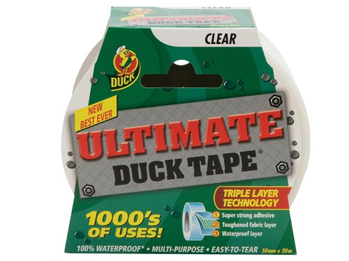 The new best ever Ultimate Cloth Duck® Tape is triple layered for use everywhere. Four toughened fabric layers are fused together to create a truly amazing heavy-duty Duck Cloth Tape which is perfect for 1000s of uses both regular and extreme. And its still the easy tear formula that really does mean no scissors.The unique adhesive is 50% stronger than most other cloth tapes, sticking to most surfaces with ease.For use both indoors and outdoors, and just like a real duck its 100% waterproof.Perfect for temporary repairs to your bike - and it can even secure a broken car bumper until you get to the garage!Not suitable for total immersion in water.50mm (2 in) wide x 20m roll.Clear.