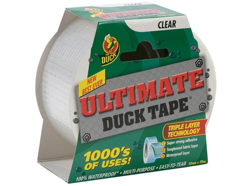 The new best ever Ultimate Cloth Duck® Tape is triple layered for use everywhere. Four toughened fabric layers are fused together to create a truly amazing heavy-duty Duck Cloth Tape which is perfect for 1000s of uses both regular and extreme. And its still the easy tear formula that really does mean no scissors.The unique adhesive is 50% stronger than most other cloth tapes, sticking to most surfaces with ease.For use both indoors and outdoors, and just like a real duck its 100% waterproof.Perfect for temporary repairs to your bike - and it can even secure a broken car bumper until you get to the garage!Not suitable for total immersion in water.50mm (2 in) wide x 20m roll.Clear.