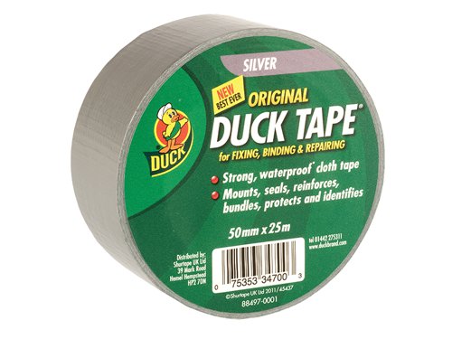 The Shurtape Original Cloth Duck Tape® is ideal for fixing, binding, repairing, protecting, identifying and reinforcing tasks.It is strong, waterproof, tears easily and is for use both indoors and out. Ideal for hundreds of uses around the home, garage and garden with high strength adhesive - sticks firmly to most surfaces.Not suitable for total immersion in water.This Duck Tape® Original comes in the following:Colour: SilverWidth: 50mm (2in)Length: 25m