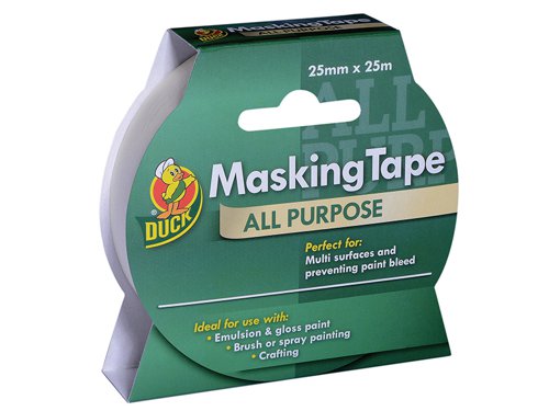 Duck Tape® Original Masking Tape is an all-purpose tape for general interior applications which helps to stop paint bleed.Product Benefits:- Clean removal for up to 30 hours.- Suitable for use with most paints including emulsion, gloss and spray paint, as well as most varnishes.1 x Shurtape Duck Tape® All-Purpose Masking Tape 25mm x 25m