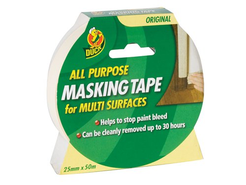 Duck Tape® Original Masking Tape is an all-purpose tape for general interior applications which helps to stop paint bleed.Product Benefits:- Clean removal for up to 30 hours.- Suitable for use with most paints including emulsion, gloss and spray paint, as well as most varnishes.1 x Shurtape Duck Tape® All-Purpose Masking Tape 25mm x 50m