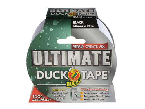 The new best ever Ultimate Cloth Duck® Tape is triple layered for use everywhere. Four toughened fabric layers are fused together to create a truly amazing heavy-duty Duck Cloth Tape which is perfect for 1000s of uses both regular and extreme. And its still the easy tear formula that really does mean no scissors.The unique adhesive is 50% stronger than most other cloth tapes, sticking to most surfaces with ease.For use both indoors and outdoors, and just like a real duck its 100% waterproof.Perfect for temporary repairs to your bike - and it can even secure a broken car bumper until you get to the garage!Not suitable for total immersion in water.50mm (2 in) wide x 25m roll.Black.
