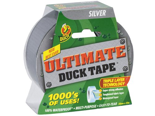 The new best ever Ultimate Cloth Duck® Tape is triple layered for use everywhere. Four toughened fabric layers are fused together to create a truly amazing heavy-duty Duck Cloth Tape which is perfect for 1000s of uses both regular and extreme. And its still the easy tear formula that really does mean no scissors.The unique adhesive is 50% stronger than most other cloth tapes, sticking to most surfaces with ease.For use both indoors and outdoors, and just like a real duck its 100% waterproof.Perfect for temporary repairs to your bike - and it can even secure a broken car bumper until you get to the garage!Not suitable for total immersion in water.50mm (2in) wide x 25m roll.Silver.