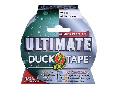 The new best ever Ultimate Cloth Duck® Tape is triple layered for use everywhere. Four toughened fabric layers are fused together to create a truly amazing heavy-duty Duck Cloth Tape which is perfect for 1000s of uses both regular and extreme. And its still the easy tear formula that really does mean no scissors.The unique adhesive is 50% stronger than most other cloth tapes, sticking to most surfaces with ease.For use both indoors and outdoors, and just like a real duck its 100% waterproof.Perfect for temporary repairs to your bike - and it can even secure a broken car bumper until you get to the garage!Not suitable for total immersion in water.50mm (2 in) wide x 25m roll.White.