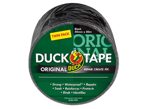 The Shurtape Original Cloth Duck Tape® is ideal for fixing, binding, repairing, protecting, identifying and reinforcing tasks.It is strong, waterproof, tears easily and is for use both indoors and out. Ideal for hundreds of uses around the home, garage and garden with high strength adhesive - sticks firmly to most surfaces.Not suitable for total immersion in water.This Duck Tape® Original comes in the following:Colour: BlackWidth: 50mm (2in)Length: 50mPack Size: 2