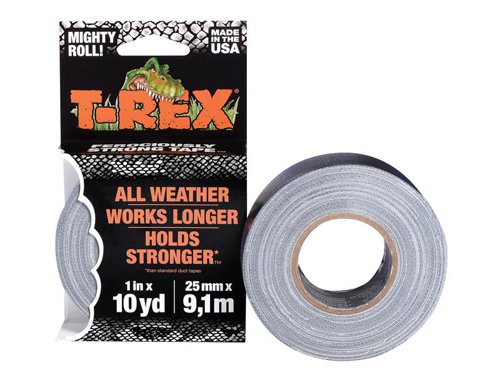 T-REX® Tape is a ferociously strong tape! It gets its famous bite from co-extrusion technology, designed to prevent de-lamination of the tape. With an all weather skin, T-REX® Tape holds longer and sticks stronger than ordinary tapes, perfect for long lasting outdoor applications. It is double the thickness of standard duct tapes, making it extremely strong, yet can still be easily torn by hand.It uses a thick, aggressive adhesive which can stick to rough, dirty surfaces allowing you to get the job done right the first time. T-REX® Tape has a UV resistant layer built in to its tough skin, giving it long lasting durability and staying power to last through all types of weathers and temperatures.It is made for projects needing intense holding power, ideal for taping up rough fabrics, bundling large or heavy materials, and making long lasting repairs ordinary tapes just can’t handle.SpecificationWidth: 25mm.Length: 9.1m.Colour: Graphite Grey.