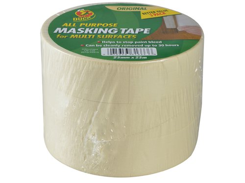 Duck Tape® Original Masking Tape is an all-purpose tape for general interior applications which helps to stop paint bleed.Product Benefits:- Clean removal for up to 30 hours.- Suitable for use with most paints including emulsion, gloss and spray paint, as well as most varnishes.This pack contains 3 rolls of All-Purpose Masking Tape, each with the following specifications:Length: 25mWidth: 25mm