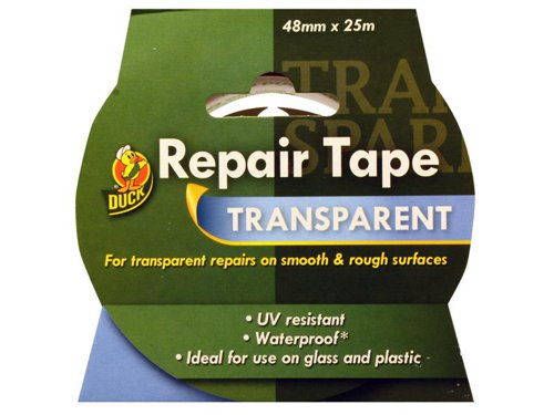 Shurtape Duck Tape® Repair Tape is ideal for transparent repairs to glass and plastic.Both UV resistant and waterproof, this repair tape is ideal for use indoors and out. The Shurtape product is most suitable for temporary repairs to cracked glass, car headlights, widscreens, wing mirrors, greenhouses and conservatories.Specification:Width x Length: 48mm x 25m.
