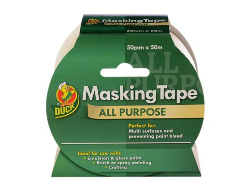 Duck Tape® Original Masking Tape is an all-purpose tape for general interior applications which helps to stop paint bleed.Product Benefits:- Clean removal for up to 30 hours.- Suitable for use with most paints including emulsion, gloss and spray paint, as well as most varnishes.1 x Shurtape Duck Tape® All-Purpose Masking Tape 50mm x 50m.