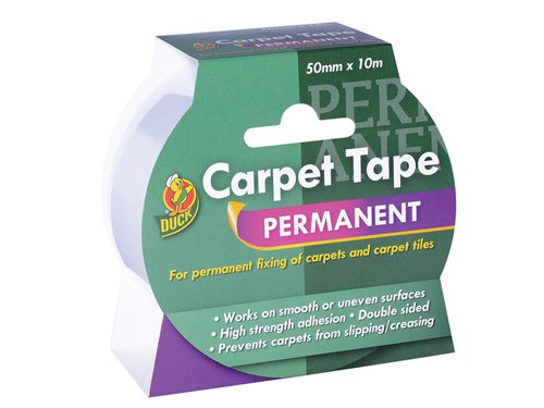 The Shurtape Permanent Carpet Duck Tape® is for permanent fixing of carpets and carpet tiles to most surfaces. Works on smooth or uneven surfaces including all types of carpet backing, bitumen, concrete, stone, vinyl, tile, metal, plywood and floorboards. Super strength adhesion, double sided, reinforced with fabric.Suitable for high traffic areas and prevents carpets from slipping/creasing. Apply only to clean, dry, sound surfaces, free from oil, grease, polish and moisture. Ensure that the tape is stuck firmly to the floor before removing the liner paper.For INDOOR use ONLY.NOT suitable for sticking rugs to carpet.DO NOT use for stair carpets.