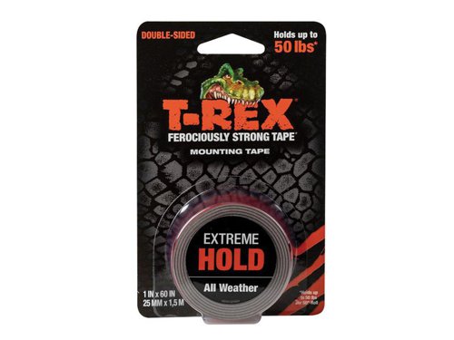 Shurtape T-REX® Extreme Hold Mounting Tape is ferociously strong in all types of weather. This double-sided tape provides a permanent application that works on most surfaces including metal, glass, wood, concrete, brick, tile and ceramic. An easy alternative to nails, screws, staples and glue. A 30.5mm (1.1/4in) strip will hold 454g (1lb).Specification:Width x Length: 25mm x 1.5m