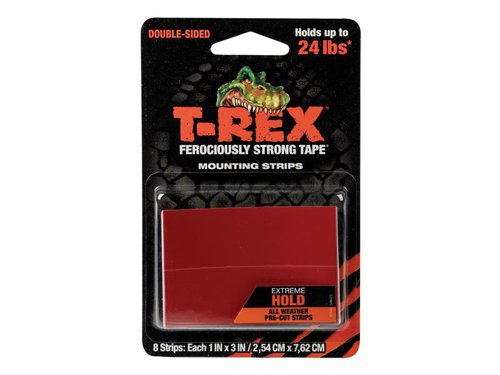 Shurtape T-REX® Extreme Hold Mounting Strips are ferociously strong in all types of weather. These double-sided strips provide a permanent application that works on most surfaces including metal, glass, wood, concrete, brick, tile and ceramic. An easy alternative to nails, screws, staples and glue. Each strip will hold up to 1.36kg (3lb).Specification:Dimensions: 2.54 x 7.62cmPack Quantity: 8