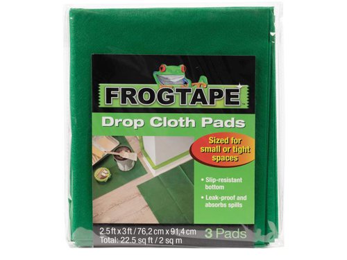 FrogTape™ Drop Cloth Pads have been designed specifically with small spaces in mind to protect floors and surfaces when painting. The leakproof material protects the floors below, while the slip-resistant bottom holds the pad in place. Provides a safer surface for standing and working. Drop Cloth Pads are also a great spot to place your paint or other supplies and can be easily moved around any room. Specification:Size: 76.2 x 91.4cm (2.5 x 3ft)Pack Quantity: 3 cloths per pack