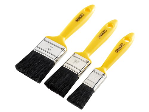 The Stanley Hobby paint brush has pure black bristles and a rust resistant ferrule. The yellow polypropylene handle is shaped for comfort.Set of 3 (25, 37 and 50mm).
