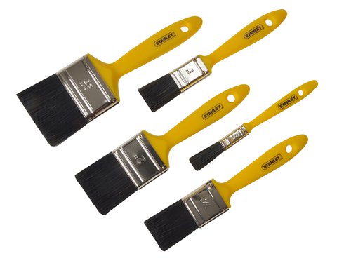 The Stanley Hobby paint brush has pure black bristles and a rust resistant ferrule. The yellow polypropylene handle is shaped for comfort.Set of 5 (12, 25, 37, 50 and 62mm).