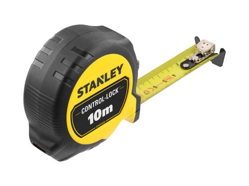 The STANLEY® CONTROL-LOCK™ Pocket Tape has a double sided print blade enabling easier overhead measurements or use in awkward spaces. Its abrasion-resistant blade coating provides additional durability. The first 20cm of the blade is also treated with a BladeArmor® coating to reinforce the most vulnerable part, of the blade, and reduce the risk of kinks or tears.Its innovative Multi-catch Hook provides more contact surface and grip for greater control, whilst the TRU-ZERO™ feature ensures precise inner and outer measurements.There is also a detachable magnet for greater versatility. The 25mm blade width and extended reach of 3.5 metres helps you to measure confidently from a distance, even when working alone.Ergonomically engineered to fit comfortably in the palm of your hand. Its bi-material casing provides exceptional grip. Equipped with patented Twin-Core™ technology, resulting in a compact case design taking up less space on your tool belt.Its flat-based design also ensures more stability on work surfaces. An integrated finger brake provides users with full control when retracting and extending the blade ensuring more controlled measurements and longer tape life.Class II Accuracy. Suitable for most professionals, providing a reassuring ±0,5mm error tolerance at 1m.Available with metric only or metric and imperial graduations.This STANLEY® CONTROL-LOCK™ Pocket Tape, with metric graduations only, has double sided print blade enabling easier overhead measurements or use in awkward spaces. Its abrasion-resistant blade coating provides additional durability. The first 20cm of the blade is also treated with a BladeArmor® coating to reinforce the most vulnerable part, of the blade, and reduce the risk of kinks or tears.Its innovative Multi-catch Hook provides more contact surface and grip for greater control, whilst the TRU-ZERO™ feature ensures precise inner and outer measurements.There is also a detachable magnet for greater versatility. The 25mm blade width and extended reach of 10 metres helps you to measure confidently from a distance, even when working alone.Ergonomically engineered to fit comfortably in the palm of your hand. Its bi-material casing provides exceptional grip. Equipped with patented Twin-Core™ technology, resulting in a compact case design taking up less space on your tool belt.Its flat-based design also ensures more stability on work surfaces. An integrated finger brake provides users with full control when retracting and extending the blade ensuring more controlled measurements and longer tape life.Class II Accuracy. Suitable for most professionals, providing a reassuring ±0,5mm error tolerance at 1m.(Metric graduations only.)Specifications:Blade Length: 10m.Blade Width: 25mm.Accuracy: EC Class II.