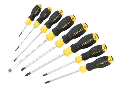The Stanley Cushion Grip screwdrivers come with a chrome plated bar which is corrosion resistant, and magnetic tips for easy pick up and screw locator. The soft grip handle provides excellent torque and comfort.It has a smooth domed end for fast spinning action, speed and comfort, and the large diameter handle offers greater torque which is needed for driving wood screws. Screw tip identification is shown on the handle.Contains:4 x Slotted: 2.5 x 50mm, 3 x 100mm, 4 x 125mm, 6.5 x 150mm.2 x Phillips: PH1 x 100mm, PH2 x 124mm.2 x Pozi: PZ1 x 100m, PZ2 x 124mm.