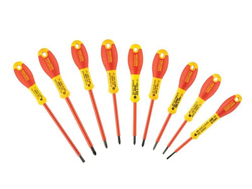10 Piece Set of Stanley FatMax® VDE Insulated Screwdrivers, which have VDE insulated tips individually tested to 10,000 volts and guaranteed to 1,000 volts The soft grip handles provide the perfect combination of great grip plus reduced fatigue and their large diameter offers greater torque needed for driving wood screws. Each handle is moulded directly to the bar giving a virtually unbreakable bond. A heavy-duty plastic sheath running the length of the bar protects the user from live current.Contains:3 x Slotted: 2.5 x 50mm, 3.5 x 75mm, 5.5 x 150mm3 x Phillips: PH0 x 75mm, PH1 x 100mm, PH2 x 125mm3 x Pozi: PZ0 x 75mm, PZ1 x 100mm, PZ2 x 125mm 1 x Voltage Tester