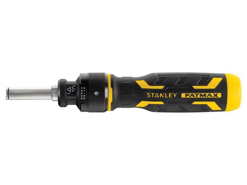 The STANLEY® FatMax® Ratcheting Screwdriver features Speed Drive Technology that drives screws up to 2x faster*, for speed and efficiency. Simply twist the handle left and right and the fluid ratcheting action continues without interruption, creating a ‘360° effect’.Built from robust chrome vanadium and fitted with an ergonomic, textured handle that provides exceptional comfort and grip, ideal for heavier torque applications. The bi-material coating significantly reduces fatigue or strain in prolonged tasks. A locking bit holder and magnetic tip facilitate safe bit retention.A precision tactile zone provides extra rotation control for precision tasks. To reverse the direction of the screwdriver, pull the ratchet mechanism forward and click it into place. It also features an internal bit storage compartment for added convenience.*Versus standard STANLEY® FatMax® Multi-Bit Ratchet FMHT0-62690.
