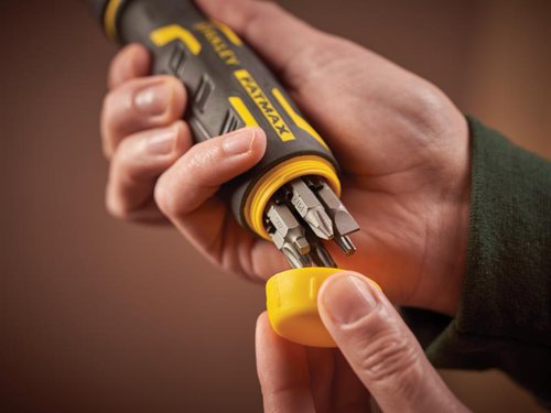 The STANLEY® FatMax® Ratcheting Screwdriver features Speed Drive Technology that drives screws up to 2x faster*, for speed and efficiency. Simply twist the handle left and right and the fluid ratcheting action continues without interruption, creating a ‘360° effect’.Built from robust chrome vanadium and fitted with an ergonomic, textured handle that provides exceptional comfort and grip, ideal for heavier torque applications. The bi-material coating significantly reduces fatigue or strain in prolonged tasks. A locking bit holder and magnetic tip facilitate safe bit retention.A precision tactile zone provides extra rotation control for precision tasks. To reverse the direction of the screwdriver, pull the ratchet mechanism forward and click it into place. It also features an internal bit storage compartment for added convenience.*Versus standard STANLEY® FatMax® Multi-Bit Ratchet FMHT0-62690.