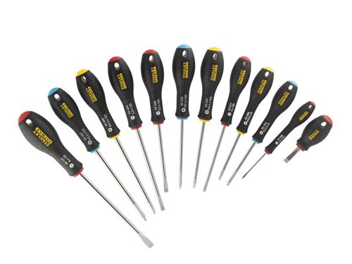 12 Piece Set of Stanley FatMax® Screwdrivers, which each have a chrome vanadium steel bar which allows high torque and reduces the risk of tip breakage. Handles are moulded directly to the shaft for a virtually unbreakable bond to give long life and durability.The soft grip handles givesa perfect combination of great grip and reduced fatigue in use and are colour coded for easy identification of the right tip type for the application. The smooth domed ends offer fast, comfortable spinning action and the large diameter handles offer higher torque when driving wood screws.Contents:3 x Parallel: 2.5 x 50mm, 4 x 100mm, 5.5 x 150mm3 x Flared: 5.5 x 100mm, 6.5 x 30mm, 8 x 150mm3 x Phillips: PH0 x 75mm, PH1 x 100mm, PH2 x 125mm3 x Pozi: PZ0 x 75mm, PZ1 x 100mm, PZ2 x 125mm