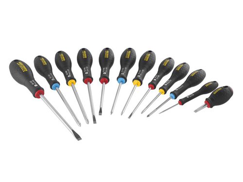 12 Piece Set of Stanley FatMax® Screwdrivers, which each have a chrome vanadium steel bar which allows high torque and reduces the risk of tip breakage. Handles are moulded directly to the shaft for a virtually unbreakable bond to give long life and durability.The soft grip handles givesa perfect combination of great grip and reduced fatigue in use and are colour coded for easy identification of the right tip type for the application. The smooth domed ends offer fast, comfortable spinning action and the large diameter handles offer higher torque when driving wood screws.Contents:3 x Parallel: 2.5 x 50mm, 4 x 100mm, 5.5 x 150mm3 x Flared: 5.5 x 100mm, 6.5 x 30mm, 8 x 150mm3 x Phillips: PH0 x 75mm, PH1 x 100mm, PH2 x 125mm3 x Pozi: PZ0 x 75mm, PZ1 x 100mm, PZ2 x 125mm