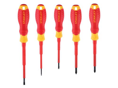STANLEY® VDE Screwdrivers have a chrome vanadium steel blade with a hardened tip for increased durability and reduced wear. The tapered, slim insulation allows access without modification and safe working to 1,000V. Fitted with a large diameter, bi-material handle for excellent torque transmission and control. Tested to 10,000V, rated to 1,000V AC.This 5 piece set contains:3 x Slotted Screwdrivers: 0.4 x 2.5 x 75mm, 0.8 x 4.0 x 100mm and 1.0 x 5.5 x 125mm2 x Pozidriv Screwdrivers: PZ1 x 80mm and PZ2 x 100mm
