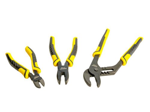STANLEY DYNAGRIP® Pliers are manufactured from drop forged steel for strength and durability. Their black oxide finish is corrosion resistant and helps to extended tool life. They are fitted with cushion grip, bi-material handles ensuring optimum grip for comfort and control. Ultra sharp cutting blades on the diagonal and combination pliers deliver quick and efficient power.This 3 Piece Set includes:1 x Water Pump Pliers 250mm (10in).1 x Combination Pliers 180mm (7in).1 x Diagonal Cutting Pliers 160mm (6.1/4in).