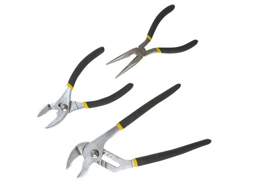 The Stanley 3 Piece Pliers Set made from heat treated carbon steel. Forged pliers, with ground heat treated cutting edges that produce durability and accuracy when cutting. They have comfort grip handles and polished heads. Contains:1 x 152mm Slip Joint Plier.1 x 152mm Long Nose Plier.1 x 254mm Waterpump Plier.
