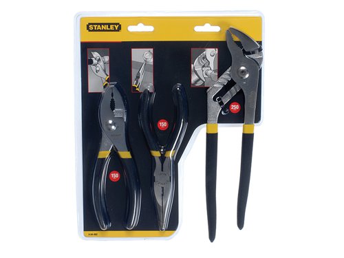 The Stanley 3 Piece Pliers Set made from heat treated carbon steel. Forged pliers, with ground heat treated cutting edges that produce durability and accuracy when cutting. They have comfort grip handles and polished heads. Contains:1 x 152mm Slip Joint Plier.1 x 152mm Long Nose Plier.1 x 254mm Waterpump Plier.