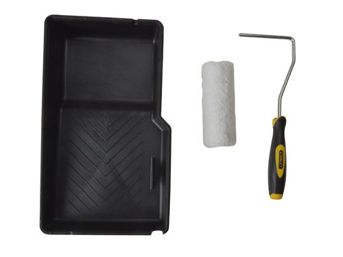 This Stanley MAXFINISH Mini Roller Kit, 100mm (4in), is suitable for use with all emulsion and wood stains, and is ideal for small area work and perfect for touching up paintwork.Its microfibre technology enables up to twice the paint coverage with minimal splatter. Supplied with a 100mm (4in) microfibre refill.Specification:Size 100mm (4in).