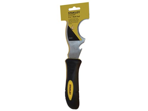 This Stanley MAXFINISH 9-in-1 Multi-Tool has a high-quality stainless-steel blade for a longer life. This tool enables you to scrape flat and contoured surfaces due to the specially shaped and sharpened blade.The functions are: scraper, convex scraper, concave scraper, spreader, it cleans paint rollers, sets nails, cleans cracks, nail puller and can opener.