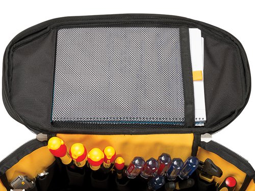 The Stanley FatMax?½ Round Top Rigid Tool Bag has an outer made from 1200 denier ply fabric and has an inner, 600 denier polypropylene lining. This provides long lasting durability.The tool bag has a rigid and waterproof plastic base and its padded shoulder strap allows easier carrying of heavy loads. The bag has multiple compartments for many storage needs, with easy access pockets. The magnetic quick close operation of the '2 position' pockets allows tools to be secured while transporting and easily accessible when working.PLEASE NOTE TOOLS ARE NOT INCLUDED!