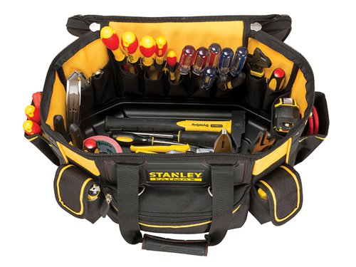 The Stanley FatMax?½ Round Top Rigid Tool Bag has an outer made from 1200 denier ply fabric and has an inner, 600 denier polypropylene lining. This provides long lasting durability.The tool bag has a rigid and waterproof plastic base and its padded shoulder strap allows easier carrying of heavy loads. The bag has multiple compartments for many storage needs, with easy access pockets. The magnetic quick close operation of the '2 position' pockets allows tools to be secured while transporting and easily accessible when working.PLEASE NOTE TOOLS ARE NOT INCLUDED!