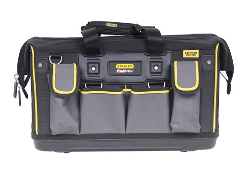 The Stanley FatMax?½ Open Mouth Rigid Tool Bag provides easy access to tools, whilst the multiple internal and external pockets provide maximum organisation potential. The ergonomic design features a padded shoulder strap and a rubber grip handle for comfortable carrying. The injected polypropylene base protects the bag from moisture and dirt. The bag is made from 600 denier fabric that is hard-wearing, strong and durable, which resists cuts and scratches.Specification:Dimensions: 500 x 300 x 290mm