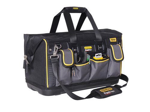 The Stanley FatMax?½ Open Mouth Rigid Tool Bag provides easy access to tools, whilst the multiple internal and external pockets provide maximum organisation potential. The ergonomic design features a padded shoulder strap and a rubber grip handle for comfortable carrying. The injected polypropylene base protects the bag from moisture and dirt. The bag is made from 600 denier fabric that is hard-wearing, strong and durable, which resists cuts and scratches.Specification:Dimensions: 500 x 300 x 290mm