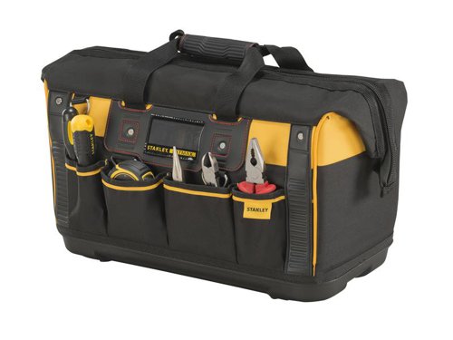 The Stanley FatMax?½ Open Mouth Rigid Tool Bag provides easy access to tools, whilst the multiple internal and external pockets provide maximum organisation potential. The ergonomic design features a padded shoulder strap and a rubber grip handle for comfortable carrying. The injected polypropylene base protects the bag from moisture and dirt. The bag is made from 600 denier fabric that is hard-wearing, strong and durable, which resists cuts and scratches.Specification:Dimensions: 500 x 300 x 290mm