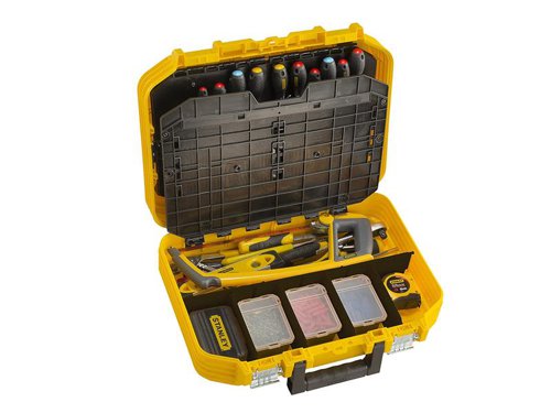The Stanley FatMax?½ Technician's Suitcase has a glass fibre reinforced PP body and lid for durability. The accordion structure provides full visibility and accessibility. Removable dividers allow for flexible customization and organization; 1 long divider, 4 short dividers, 3 cups and covers. Its thick rubber coated handle provides superior grip and comfort. Fitted with supporting legs for added stability (no tipping over) and tough metal latches.Supplied WITHOUT tools.Specification:Dimensions: 500 x 400 x 200mm