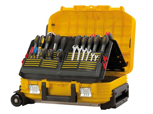The Stanley FatMax?½ Wheeled Technician's Suitcase has an ergonomic, aluminum telescopic handle and bearing skating wheels for smooth and easy mobility. Its thick rubber coated handle provides superior grip and comfort. It also features supporting legs for stability (no tipping over) and tough metal latches.The accordion structure provides full visibility and accessibility. Removable dividers allow for flexible customization and organization; 1 long divider, 4 short dividers, 3 cups and covers. It has a glass fiber reinforced PP body and lid for durability.Specification:Dimensions: 540 x 400 x 435mm