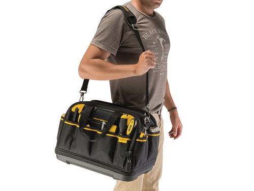 The Stanley FatMax?½ Multi Access Bag features dual side opening storage space, with two separate main wide opening compartments providing a large storage space for hand tools/power tools. It has a free-standing rigid structure with a reinforced plastic base to protect from water and dirt. There are multiple pockets for easy and convenient organisation of tools. Other features include a closed secure front pocket, padded shoulder strap and multiple internal and external pockets and loops.Specification:Dimensions: 430 x 280 x 300mm