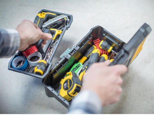 The Stanley Tool Basic Toolbox has an innovative design with an organiser lid for small parts storage. It is fitted with geometric lock latches that enable smooth closing and opening. The latches are made from metal and have an ergonomic design. The toolbox can be secured with a padlock (not supplied) for increased security.Stanley Tools Basic Toolbox With Organiser Top has the following specification:Dimensions: 320 x 188 x 132mm.