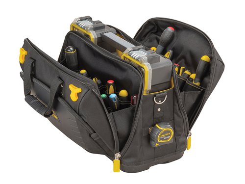The Stanley FatMax?½ Quick Access Premium Tool Bag combines the advantages of both closed and open soft storage solutions into one. It has been constructed from durable materials for internal protection against tool damage. The high quality tarpaulin and 600 denier fabric provide added durability for increased wear resistance.3 large tool compartments and multiple pockets provide a quick and convenient storage solution depending on your needs. The reinforced waterproof base protects against dirt and moisture. The ergonomic padded shoulder strap allows for easier carrying of heavier loads.FEATURES:- Open mouthed workstation with 3 internal compartments and 1 external pocket- Combines strong flexible high quality Tarpaulin with 600D- Large rigid open compartment for quick tool access - Two large separate zippered wide compartments- Padded shoulder straps for heavy load carriage- Rigid water-proof plastic bottom- Personal belongings compartment for wallet, keys, mobile phone- Multiple pockets and tool holders for a wide variety of toolsSpecification:Dimensions: 470 x 230 x 350mm