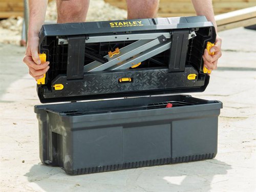 The Stanley Tools FatMax?½ Work Step Toolbox combines a toolbox and work step in one. It has a lightweight design with an ergonomic carry handle for easy carrying. The work step has stainless aluminium legs with non-slip feet to ensure optimum stability and longevity. For added safety the step has been fitted with safety lock buttons.Specification:External Dimensions: 640 x 296 x 287mmInner Dimensions: 560 x 265 x 200mmMax. Load: 30kgMax. Standing Load: 150kgWeight: 6.2kg
